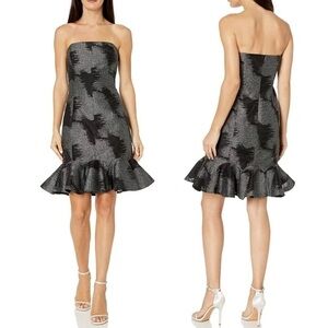 Halston Women's Strapless Metallic Jacquard Black Silver Ruffle Dress Size 6